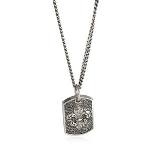 King Baby Pave Black Diamond Fleur-de-Lis Relic Dog Tag Pendant in Silver